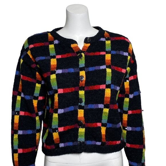 Vintage Janes Closet Rainbow Plaid Cardigan Sweater Womens Size S Button Up - Picture 1 of 8